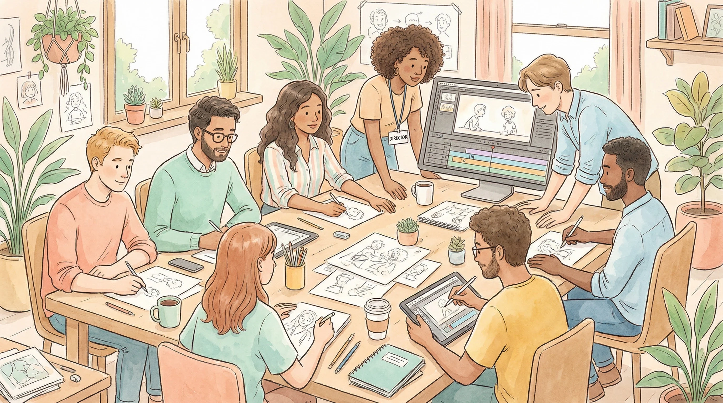 里番-最新传媒原创发布|吃瓜爆料创作团队工作场景插画 - 多元化动画创作团队协作