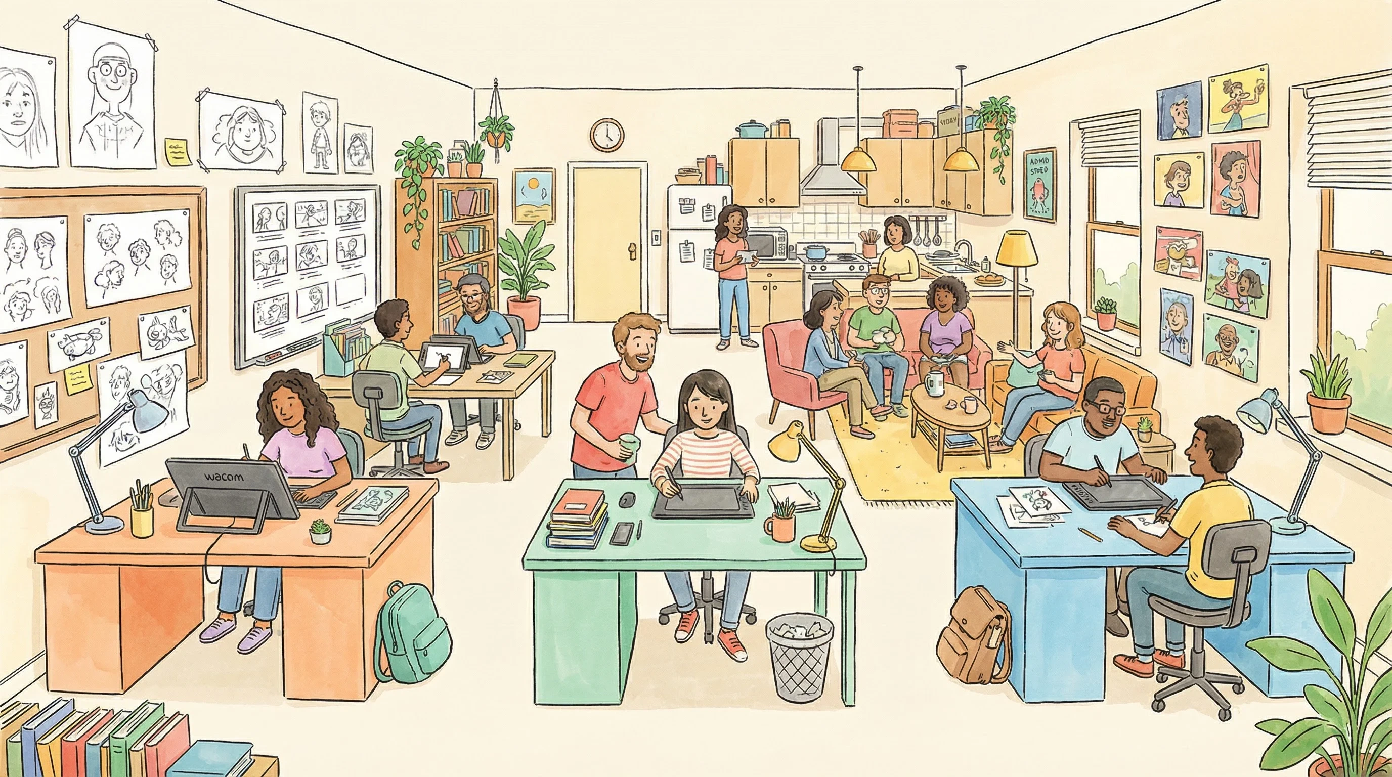 里番-最新传媒原创发布|吃瓜爆料动画师社区工作空间插画 - 动画创作者协作交流场景